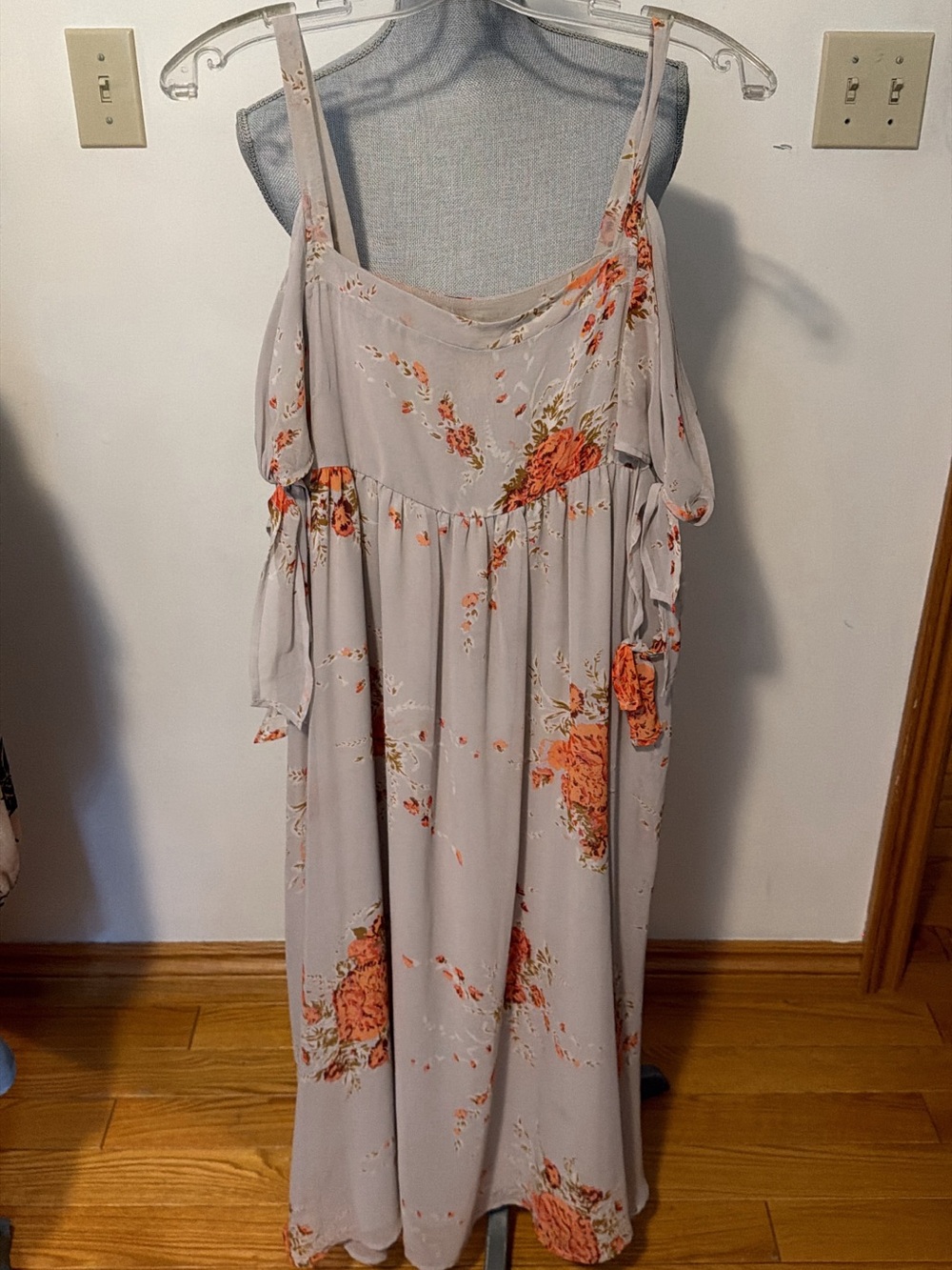 Free People Light Gray Floral Cold-Shoulder Maxi Dress with Orange Roses
